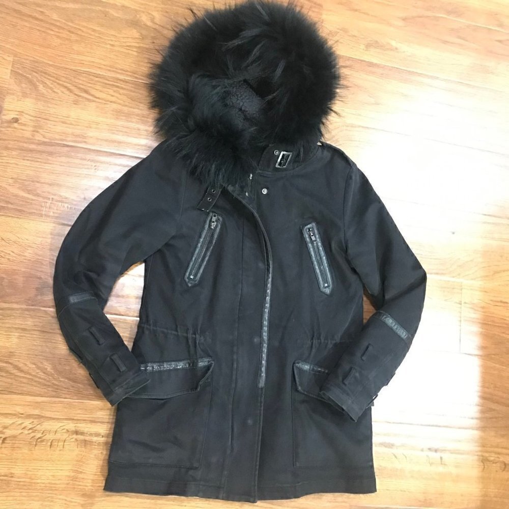 Maje black parka Jacket fur lined hood